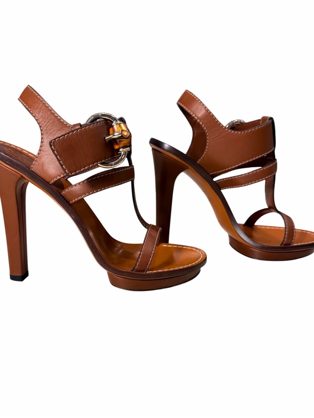 Gucci 5” Brown Leather High Heel Sandals With Iconic Bamboo Horsebit NWOB - Picture 5 of 9